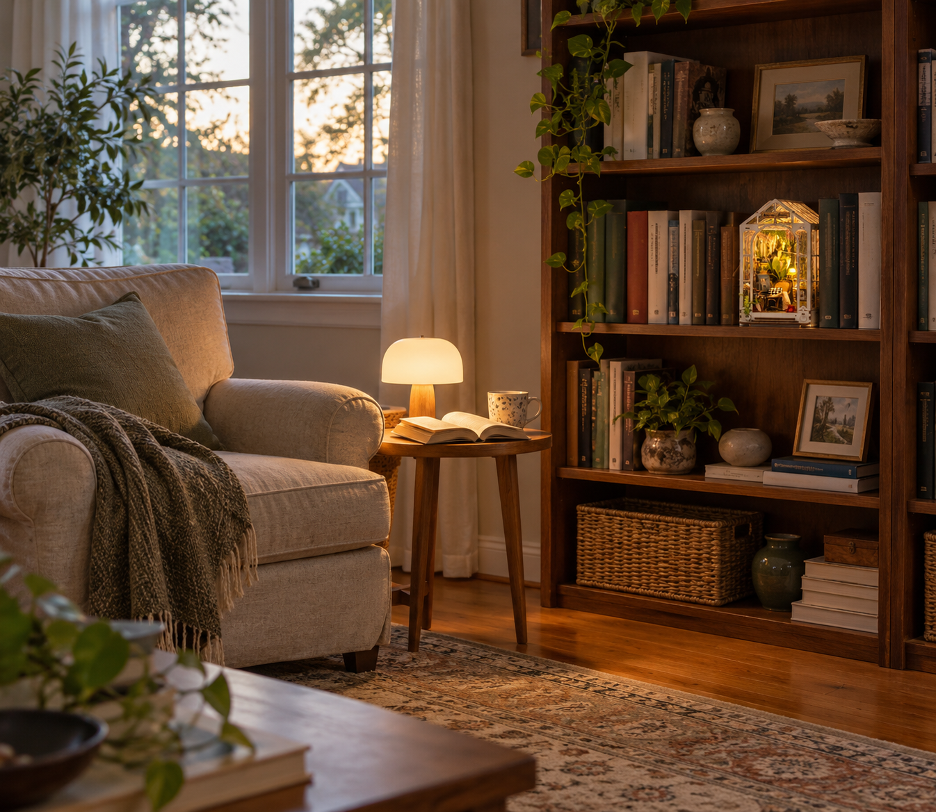 A reading lamp beside an armchair and a glowing greenhouse book nook among books