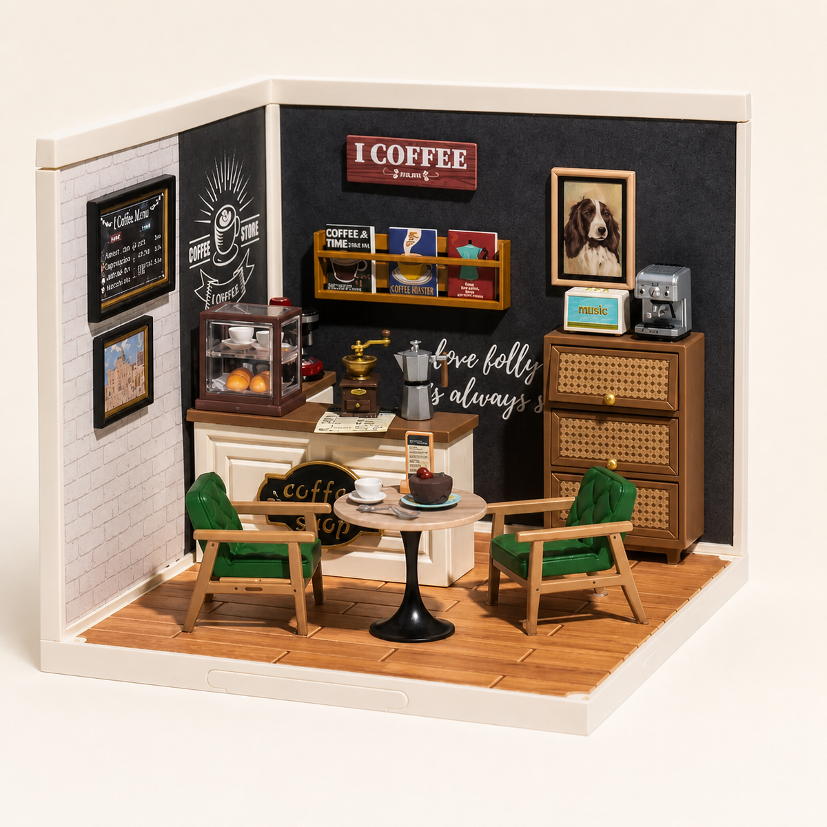 Corner Café – Miniature Shop Building Block Set with LED - studio view