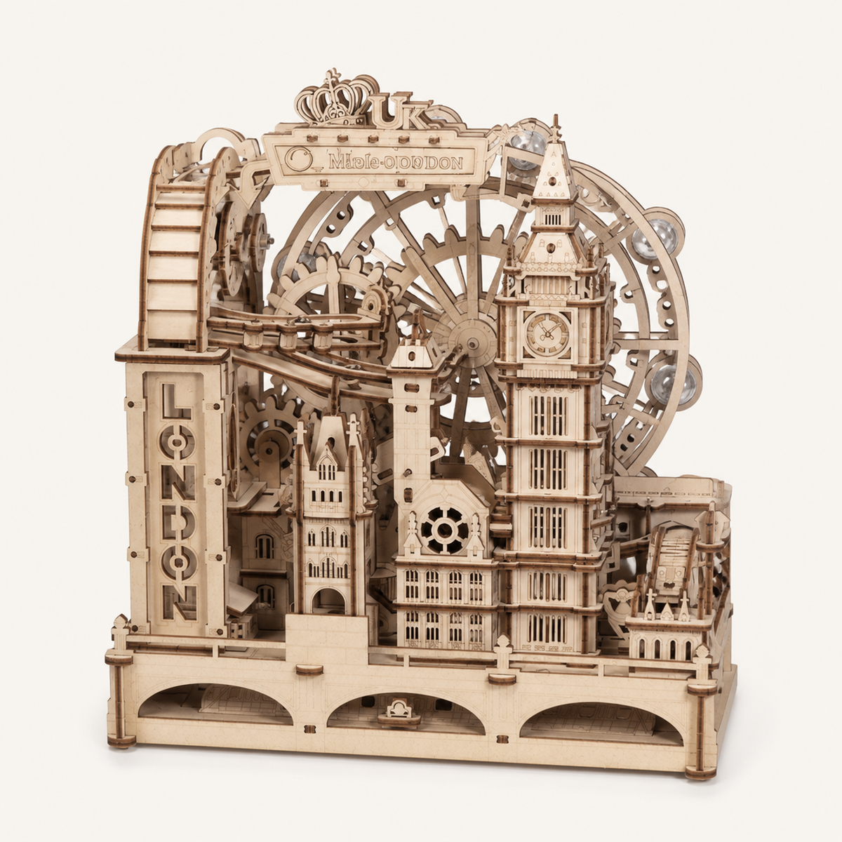 London Marble – Wooden Marble Run Kit with Lights - studio view
