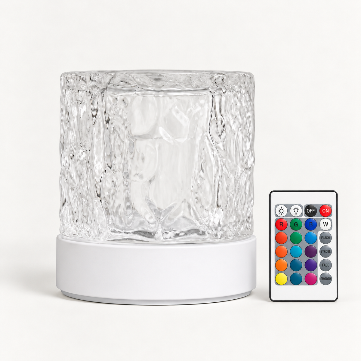 
Firelight Ripple — actual rippled-cylinder lamp with its matching white 24-key remote