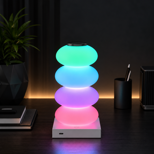 Pebble Totem — manufacturer-correct four rounded sections with RGB light