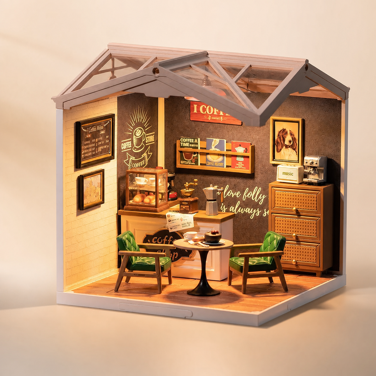 Corner Café – Miniature Shop Building Block Set with LED - studio view