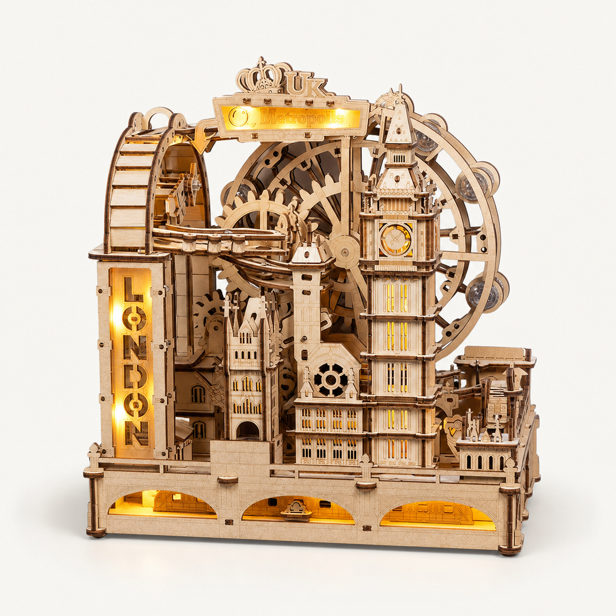 
London Marble – Wooden Marble Run Kit with Lights - studio view