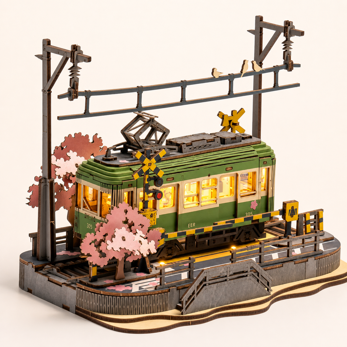 
Cherry Tram – Wooden Tram Model Kit with LED Lights - studio view