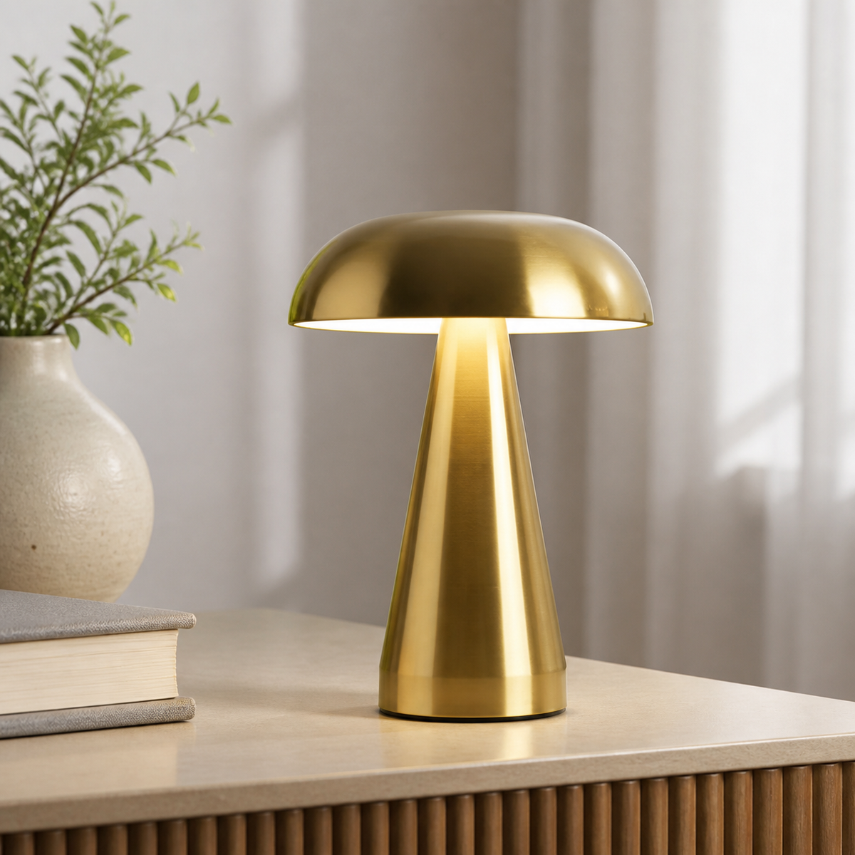 
Golden Cap – Rechargeable Metal Mushroom Table Lamp - daytime view