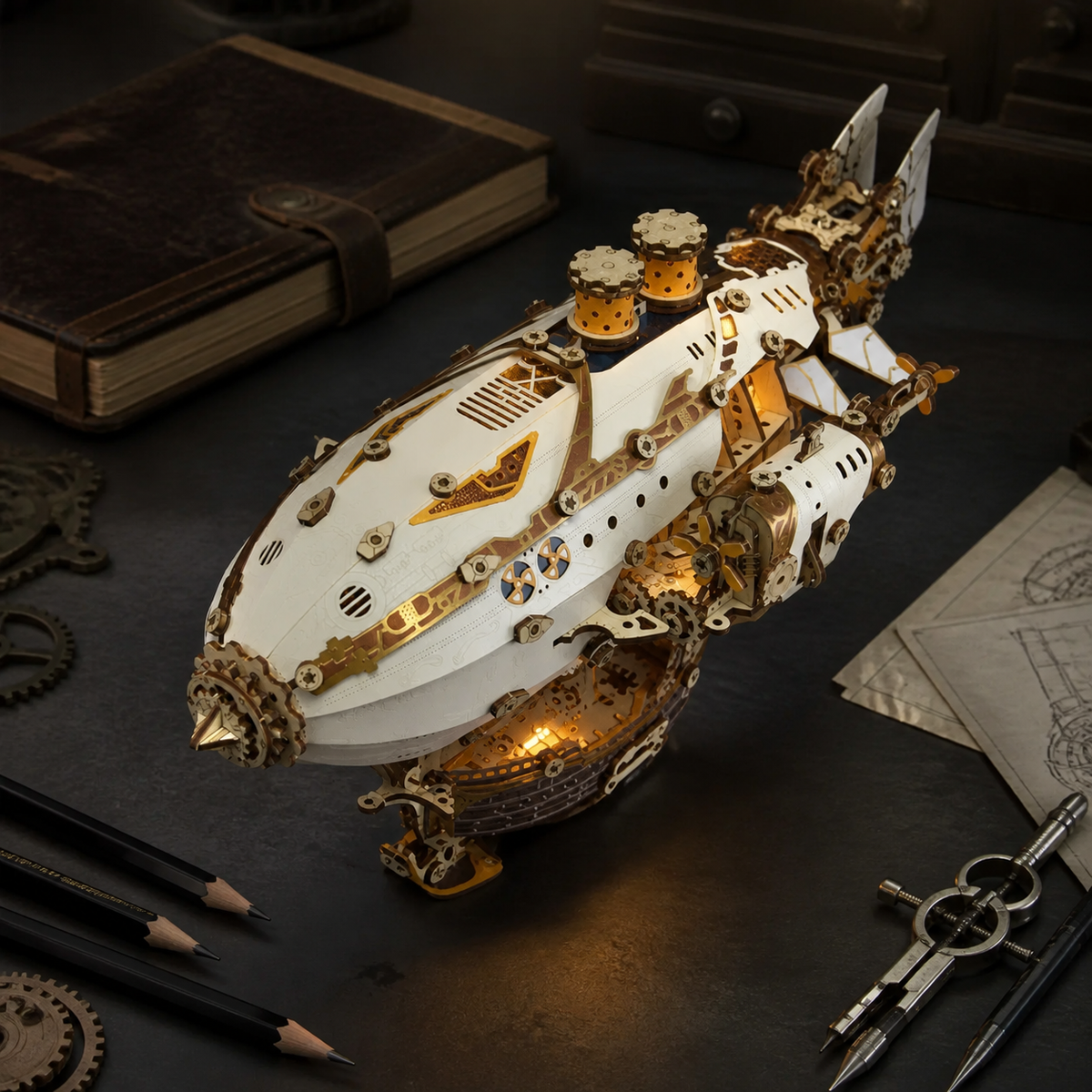 Sky Ship – Wooden Airship Model Kit with LED Lights