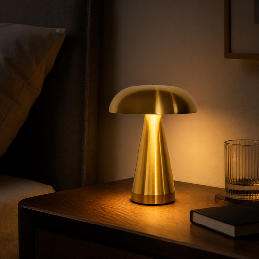 Golden Cap – Rechargeable Metal Mushroom Table Lamp - nighttime view