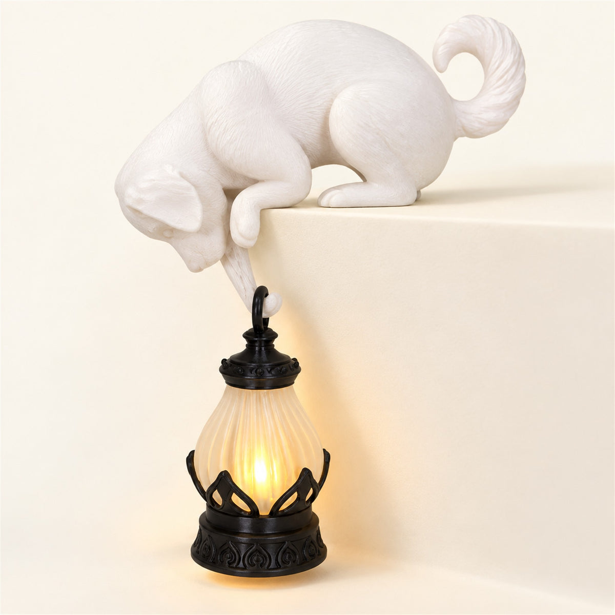 Lantern Cat – Cat Shelf Decor with Lantern Options - LoungingWhiteCatBlackMiniLantern variant
