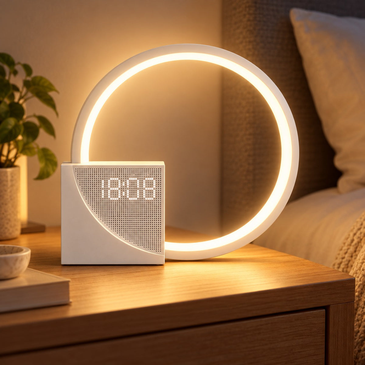 Calm Ring – Nature Sound Ring Lamp with Clock - nighttime view