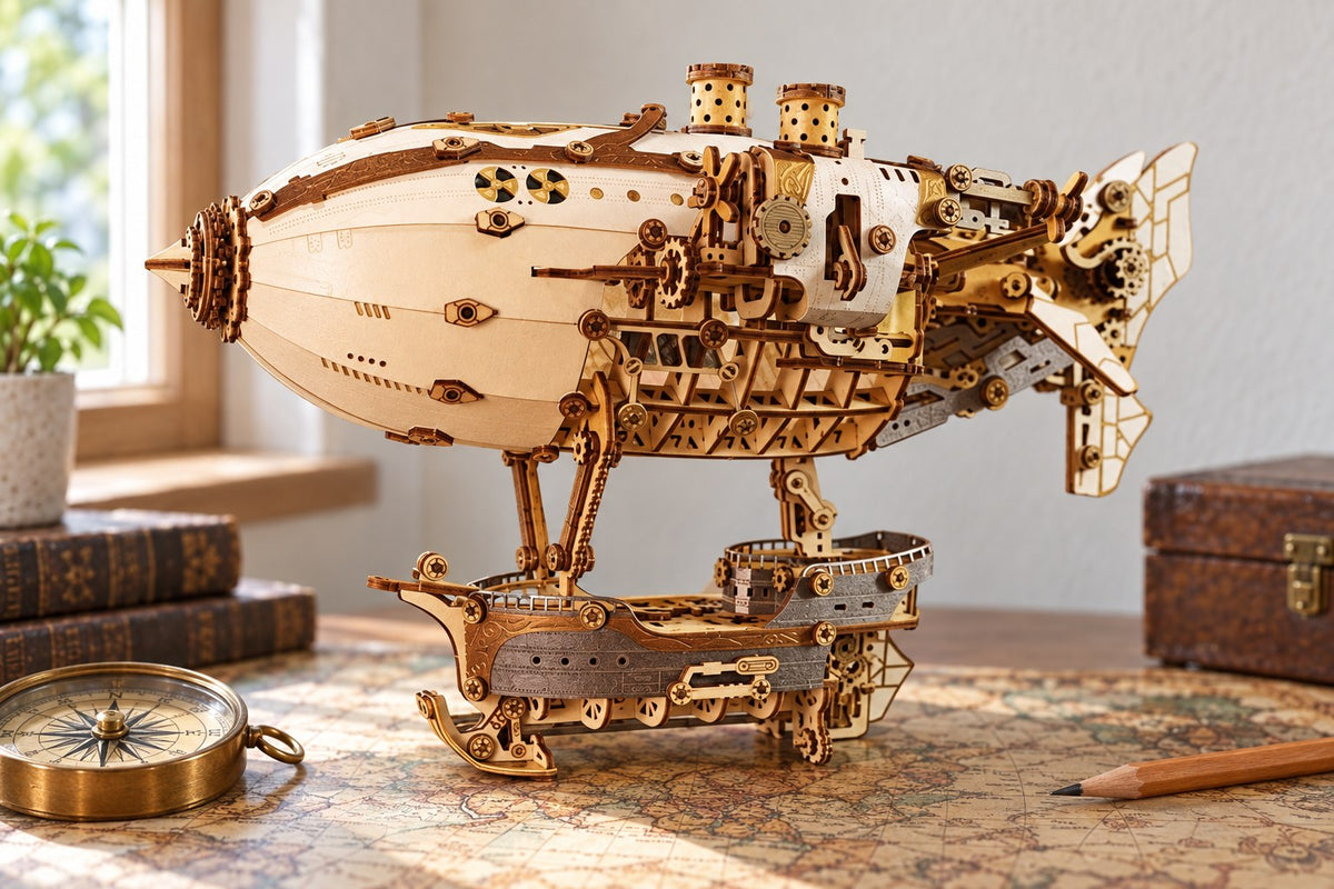Sky Ship – Wooden Airship Model Kit with LED Lights with the light switched off