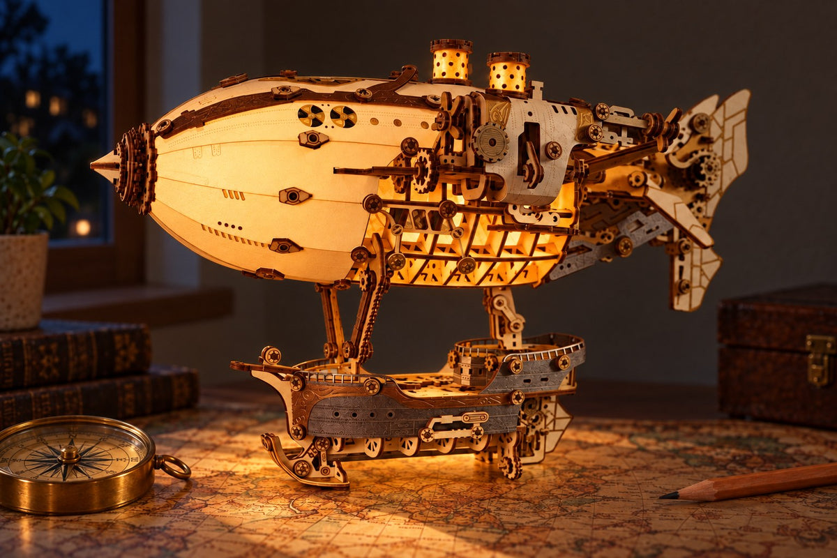Sky Ship – Wooden Airship Model Kit with LED Lights with the light switched on