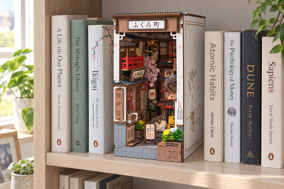 Sakura Alley – DIY Book Nook Kit with LED Light with the light switched off