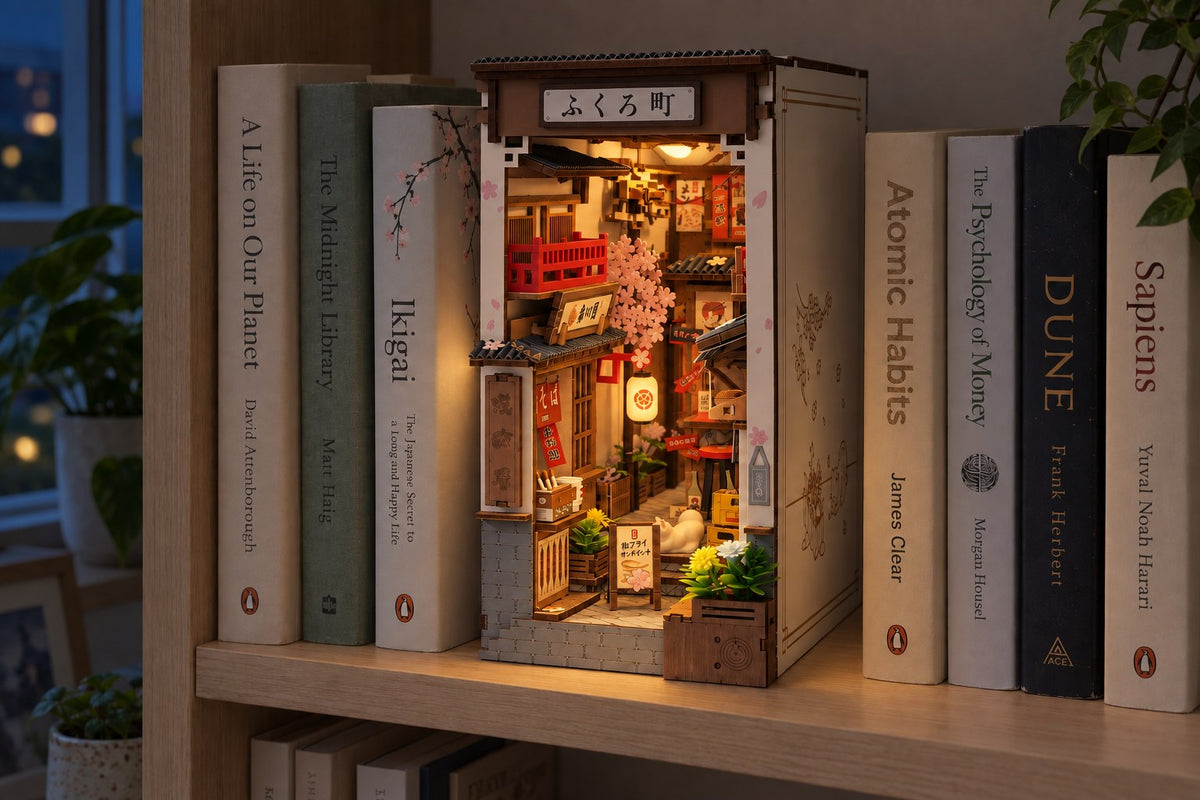 Sakura Alley – DIY Book Nook Kit with LED Light with the light switched on