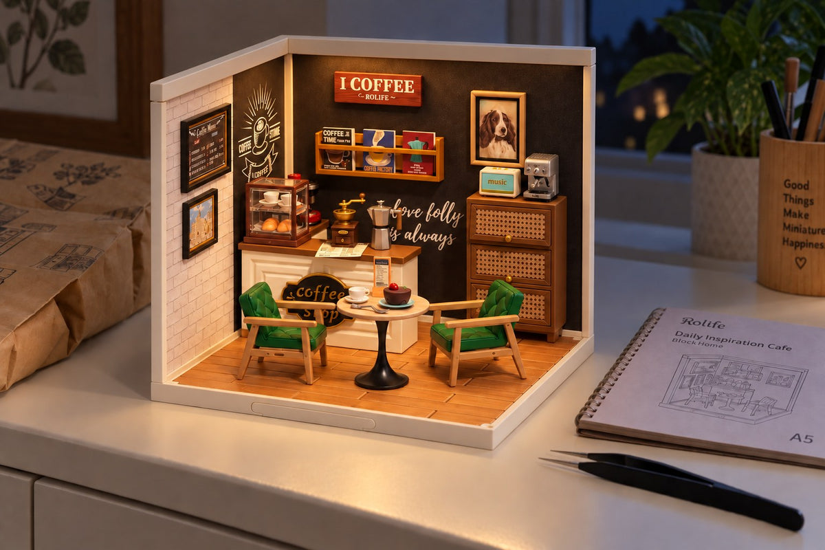 Corner Café – Miniature Shop Building Block Set with LED with the light switched on