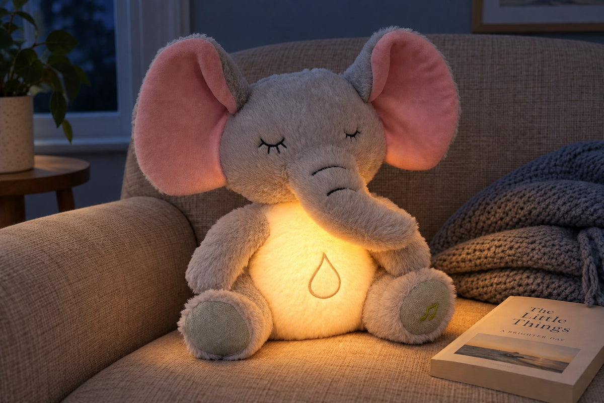 ObiCub – Light-Up Breathing Elephant Plush Toy with the light switched on