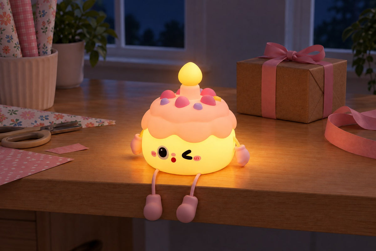 ObiCupcake – Birthday Cake Night Lamp with the light switched on