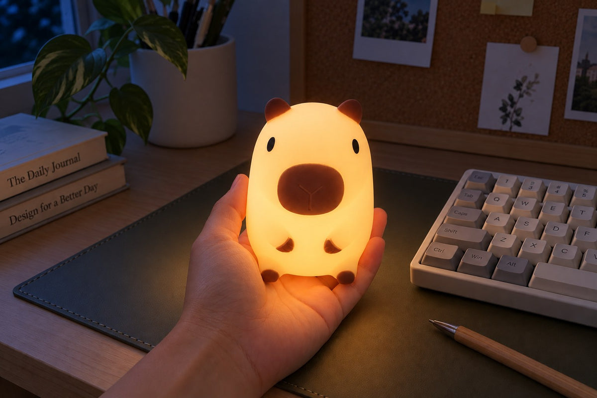 ObiPeanut – Pocket Capybara Night Lamp with the light switched on