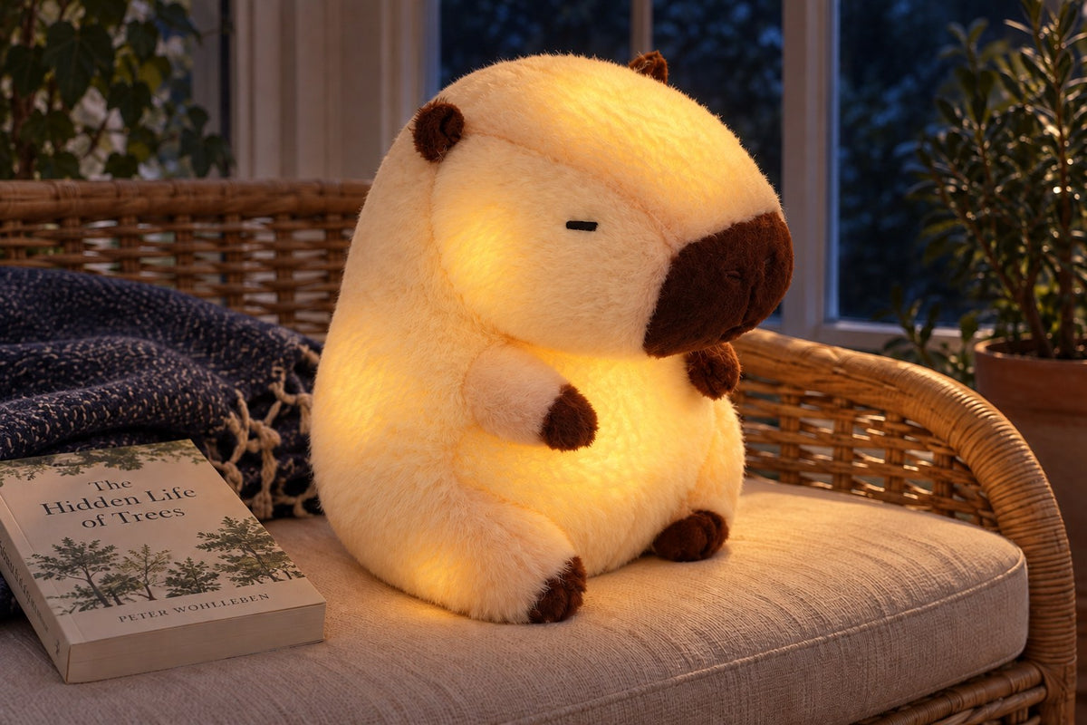 ObiCuddles – LED Light-Up Capybara Plush Toy with the light switched on