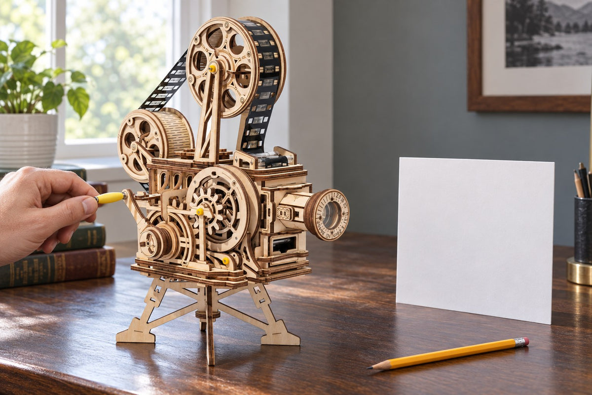 Silent Cinema – Wooden Film Projector Model Kit with the light switched off