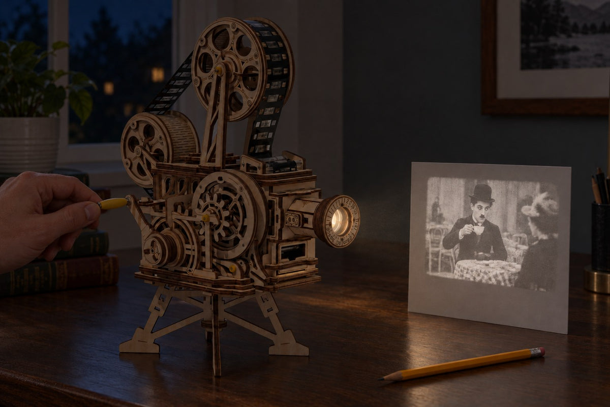 Silent Cinema – Wooden Film Projector Model Kit with the light switched on