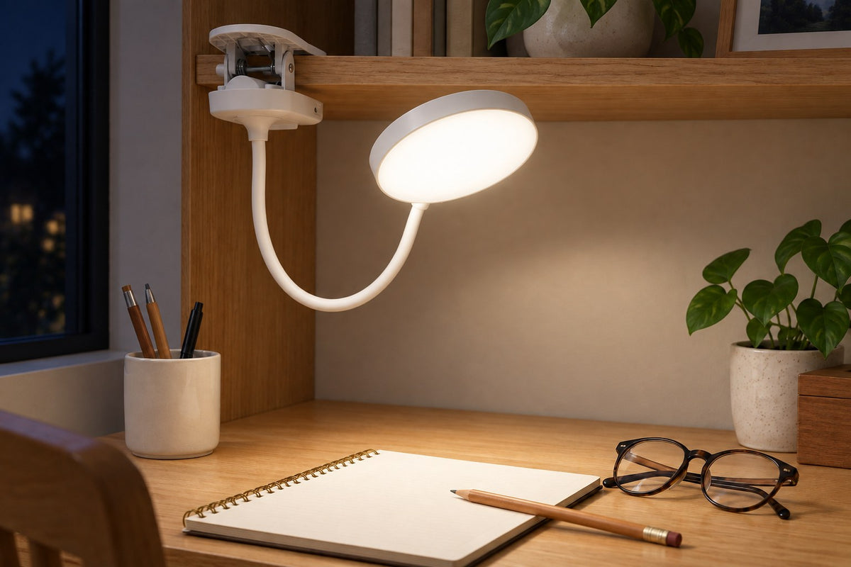 Clip Reader – Clip-On Desk Reading Lamp with the light switched on