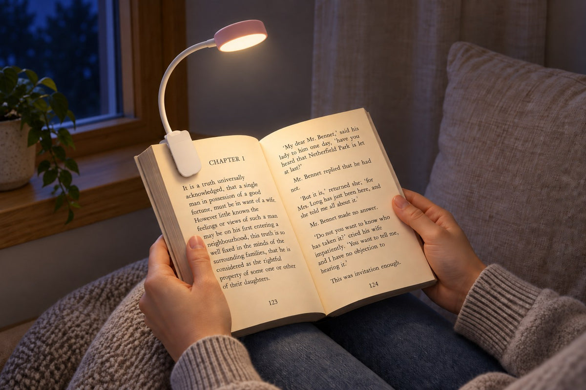 Book Worm – Adjustable Clip Reading Lamp with the light switched on