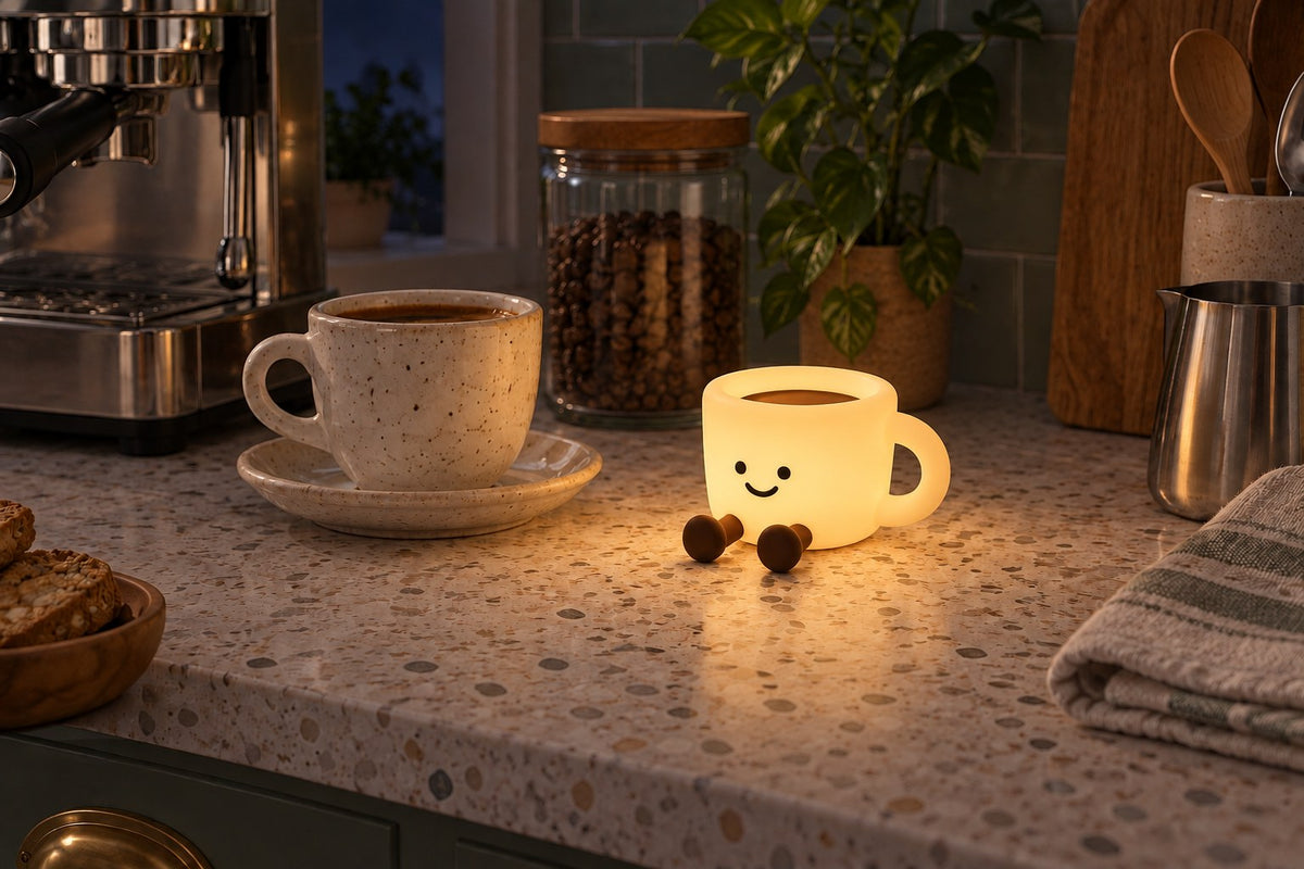 ObiLatte – Coffee Cup Night Lamp with the light switched on