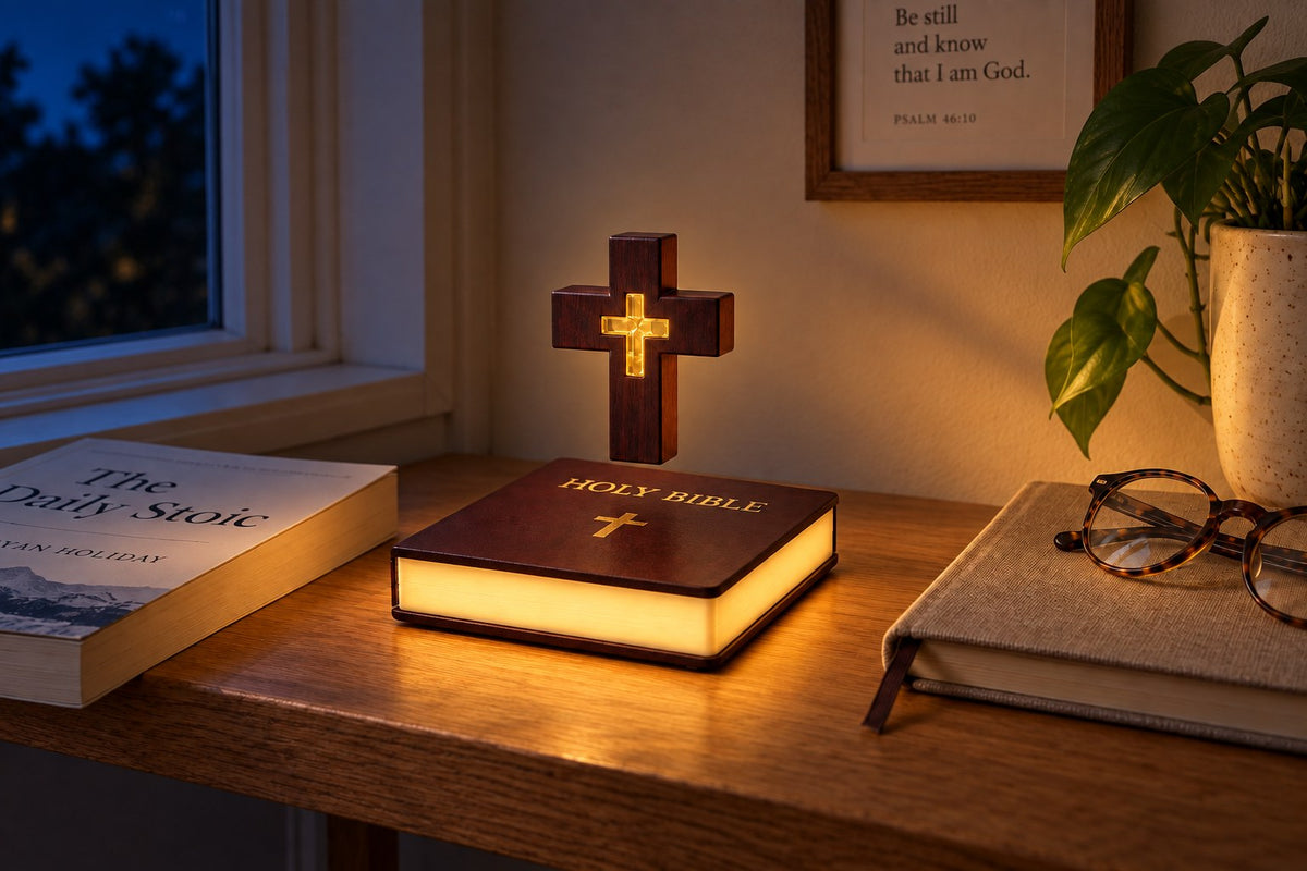 Floating Cross – Levitating Cross Lamp with the light switched on