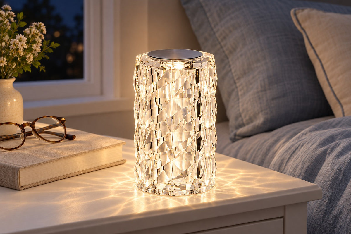Crystal Rose – Rechargeable 16-Color Bedside Lamp with the light switched on