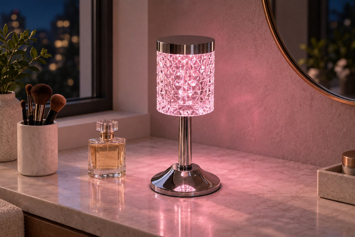 Diamond Tower – RGB Crystal Table Lamp with the light switched on