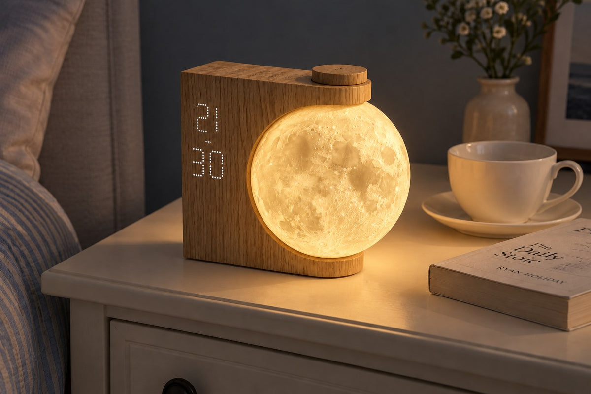 Moonrise Clock – Sunrise Clock with Moon Lamp with the light switched on