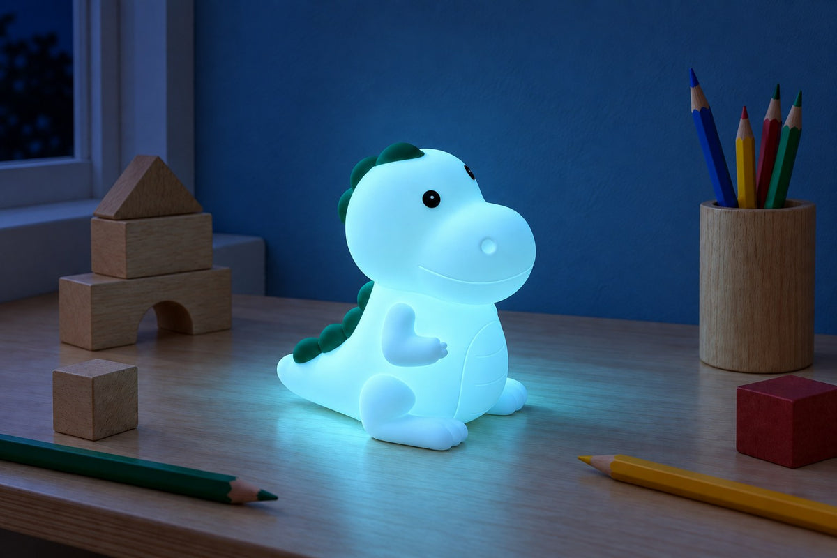 ObiRex – RGB Dinosaur Night Lamp with the light switched on