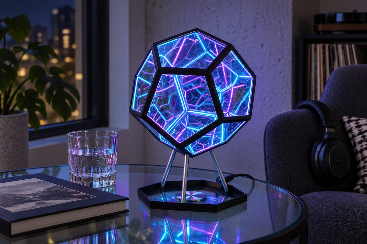 Infinity Gem – Infinity Dodecahedron Lamp with the light switched on