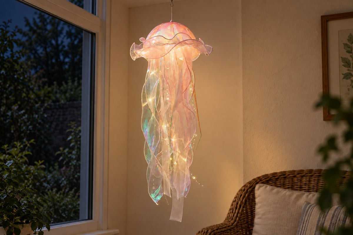 Jelly Lantern – Hanging Jellyfish Lamp with the light switched on