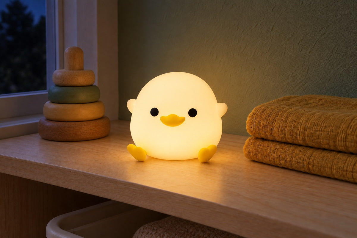 ObiPuddles – Chubby Duck Night Lamp with the light switched on