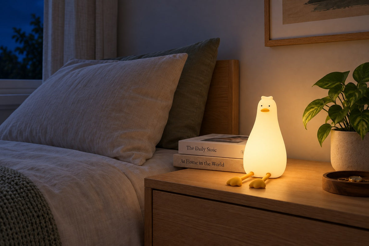 ObiWaddle – Cartoon Duckling Night Lamp with the light switched on