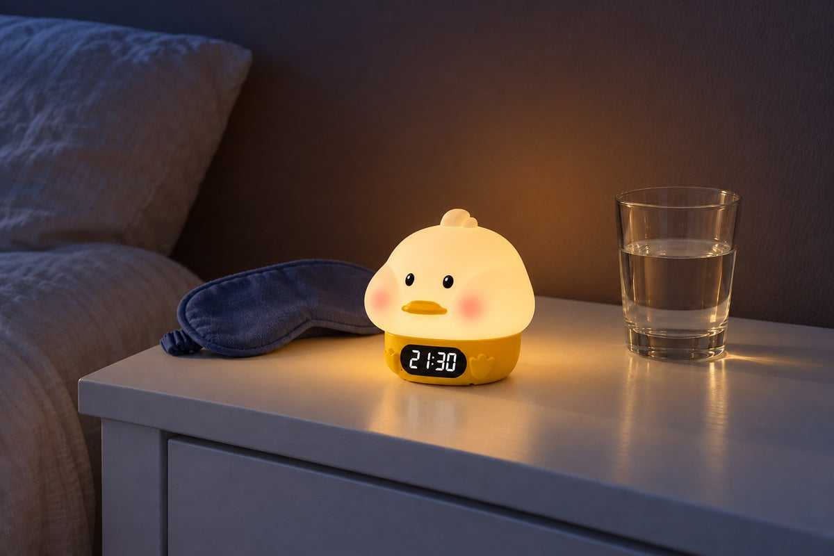 ObiSnooze – Duck & Bunny Timer Lamp with the light switched on