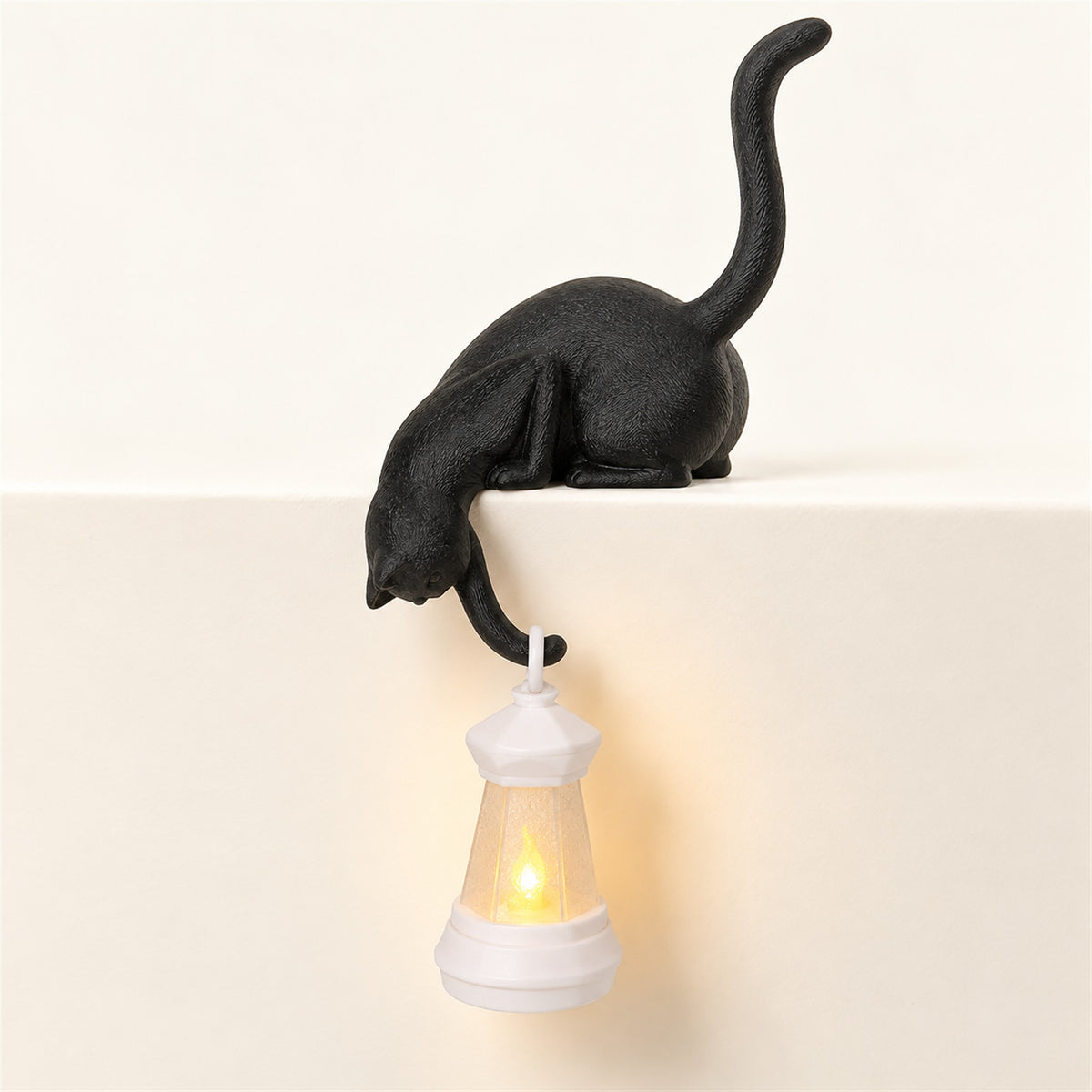 
Lantern Cat – Cat Shelf Decor with Lantern Options - BlackCatWhiteLantern variant