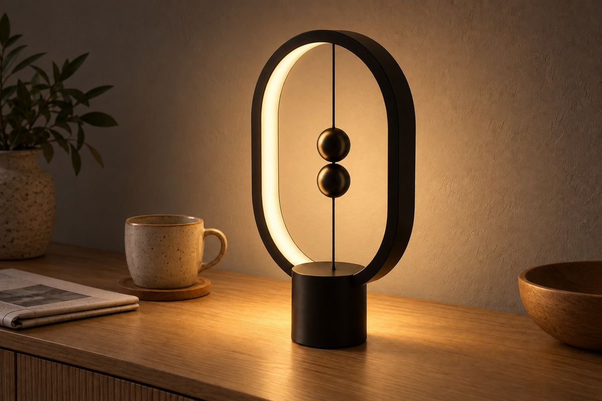 Magnetic Balance – USB LED Table Lamp with the light switched on