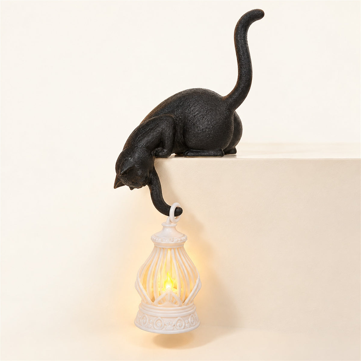 
Lantern Cat – Cat Shelf Decor with Lantern Options - BlackCatWhiteMiniLantern variant