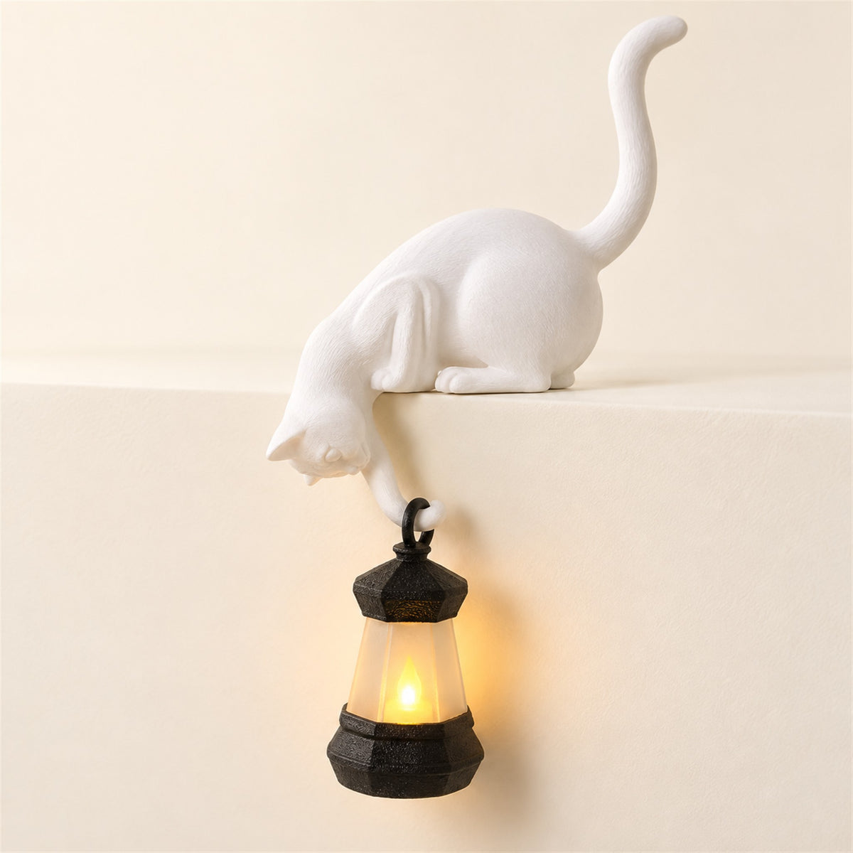 Lantern Cat – Cat Shelf Decor with Lantern Options - WhiteCatBlackLantern variant