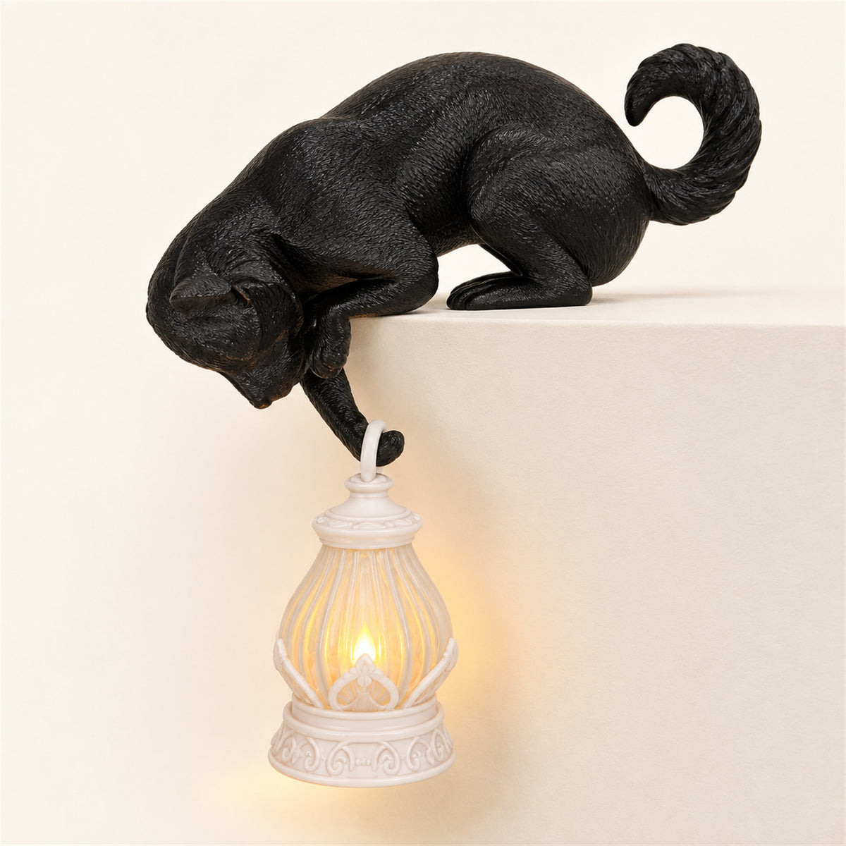 Lantern Cat – Cat Shelf Decor with Lantern Options - LoungingBlackCatWhiteMiniLantern variant