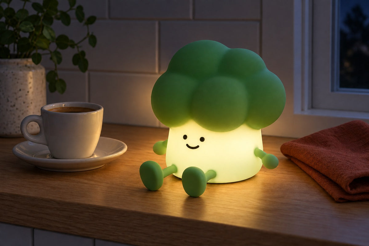 ObiFruity – Broccoli and Fruit Night Lamp with the light switched on