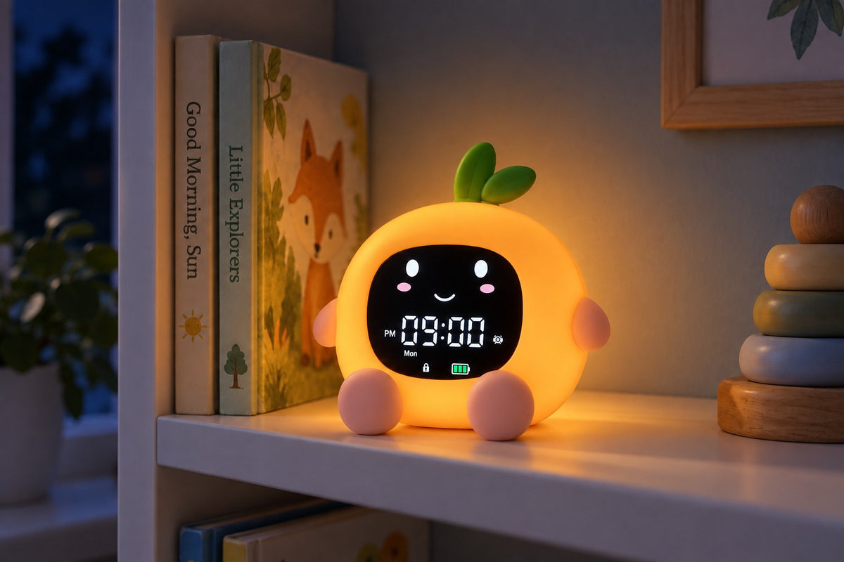 ObiJuicy – Fruit Night Lamp & Sleep Trainer Clock with the light switched on