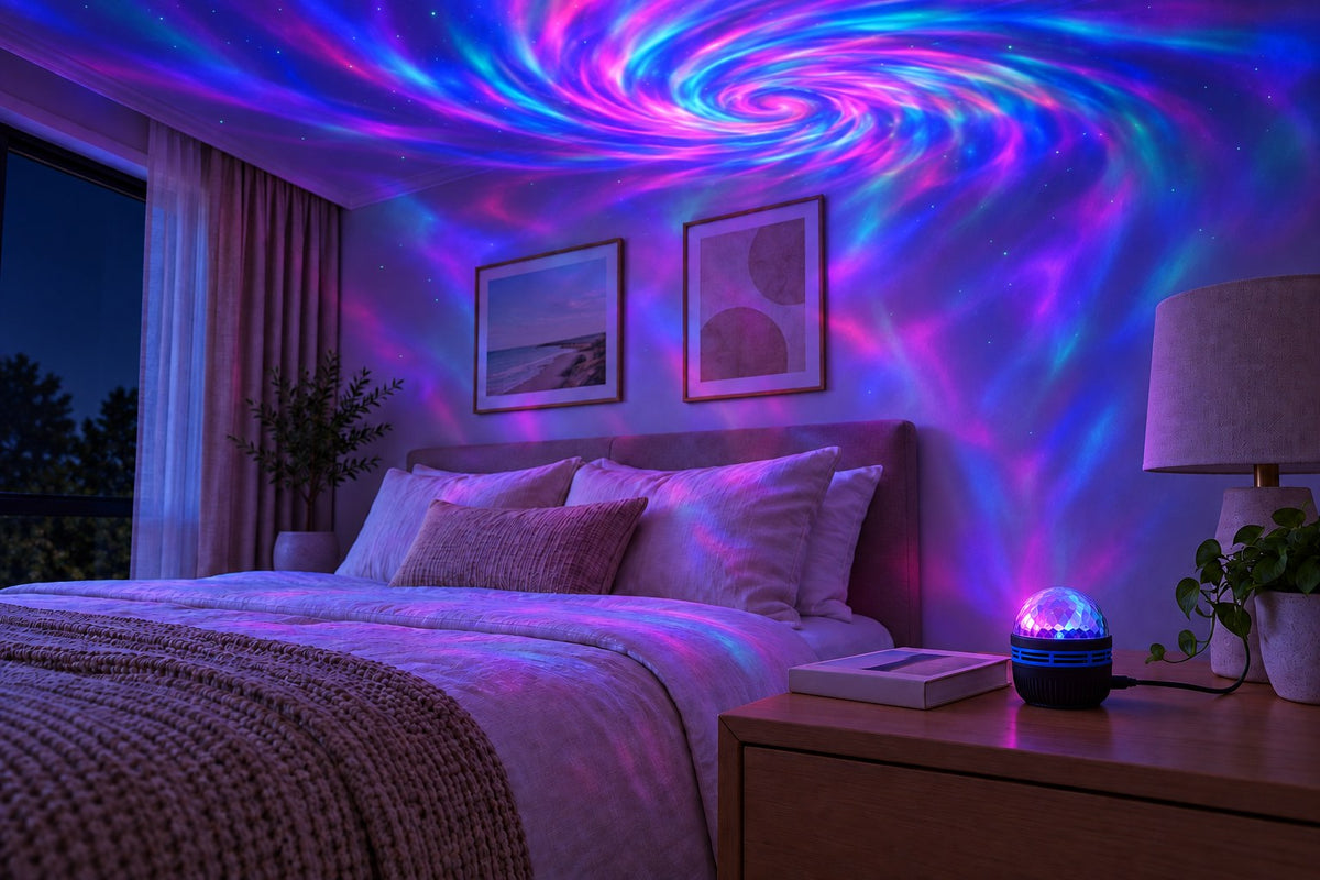 Northern Lights – RGB Star and Aurora Projector Lamp with the light switched on