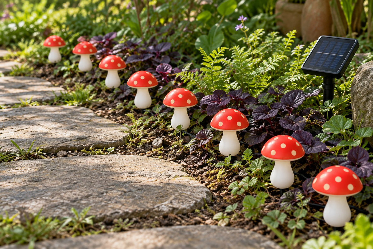 Toadstool Path – Solar Mushroom Garden Lamps with the light switched off