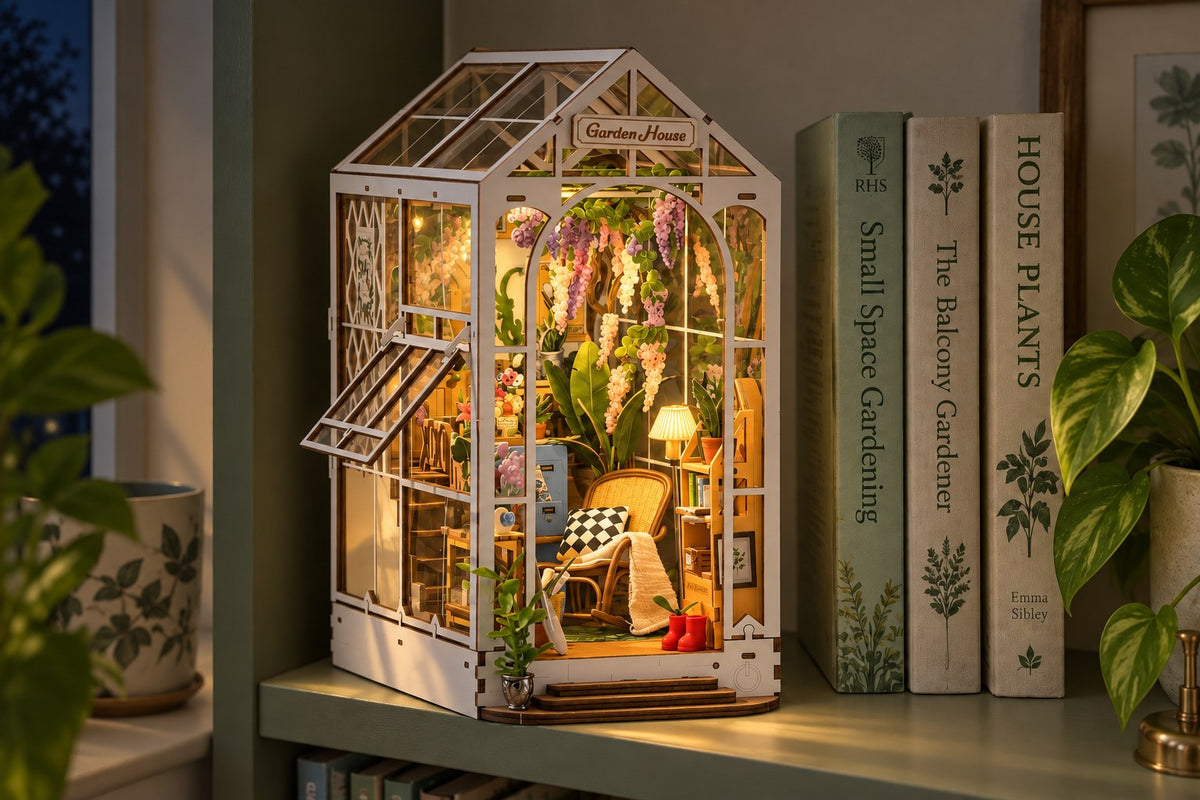 Garden Shed – DIY Book Nook Kit with Lights with the light switched on