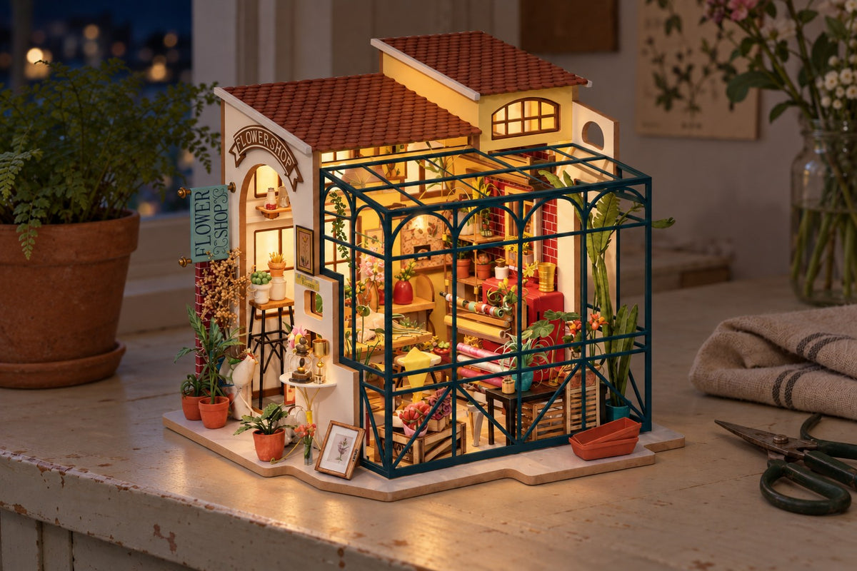 Flower Shop – DIY Miniature Flower Shop Kit with LED with the light switched on