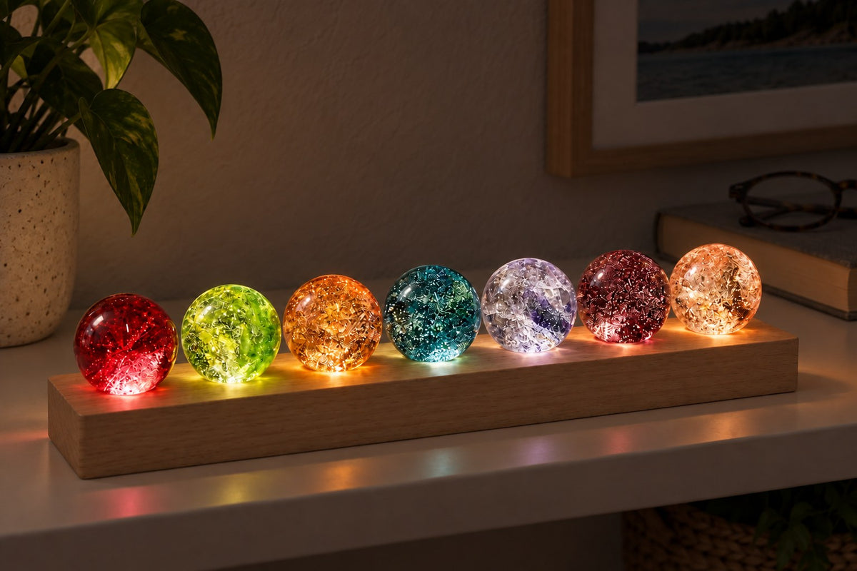 Healing Spheres – Natural Stone Lamp Set with the light switched on