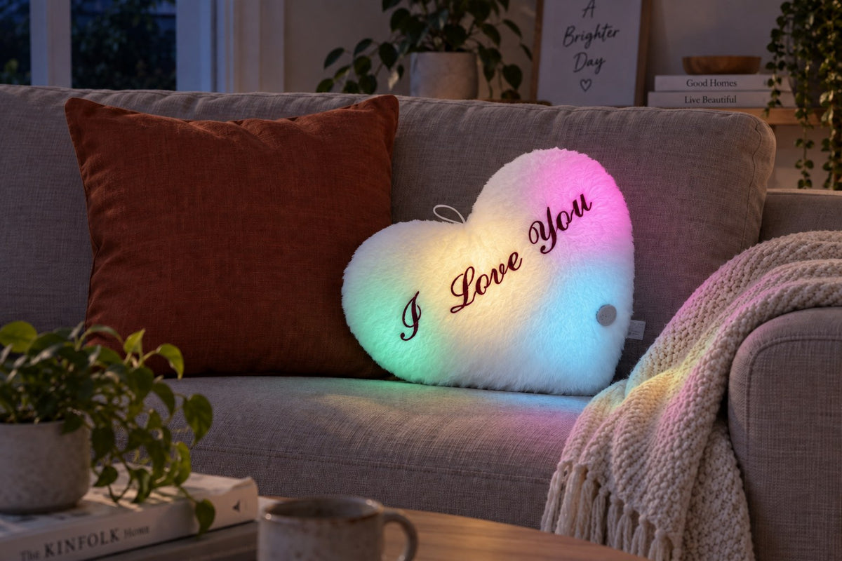 ObiSweetheart – LED Light-Up Heart Pillow with the light switched on